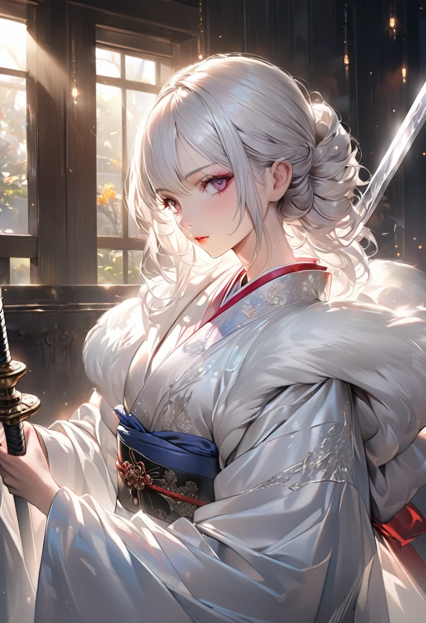 beautiful anime character, beautiful soft studio light, rim light, vibrant details,luxurious, lace, hyper-realistic, white hair, holding a sword  , wearing kimono