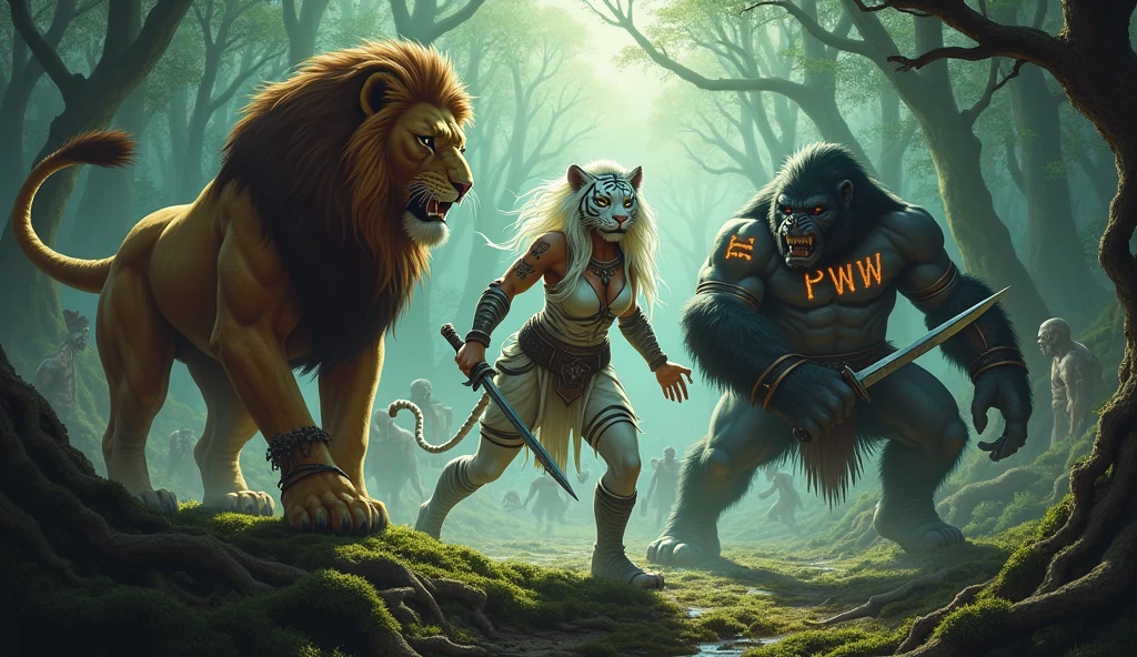 A humanoid warrior lion, a humanoid warrior white tigress and a humanoid gorilla who are friends, with tattoos of the acronym PWW, fighting zombies in the forest