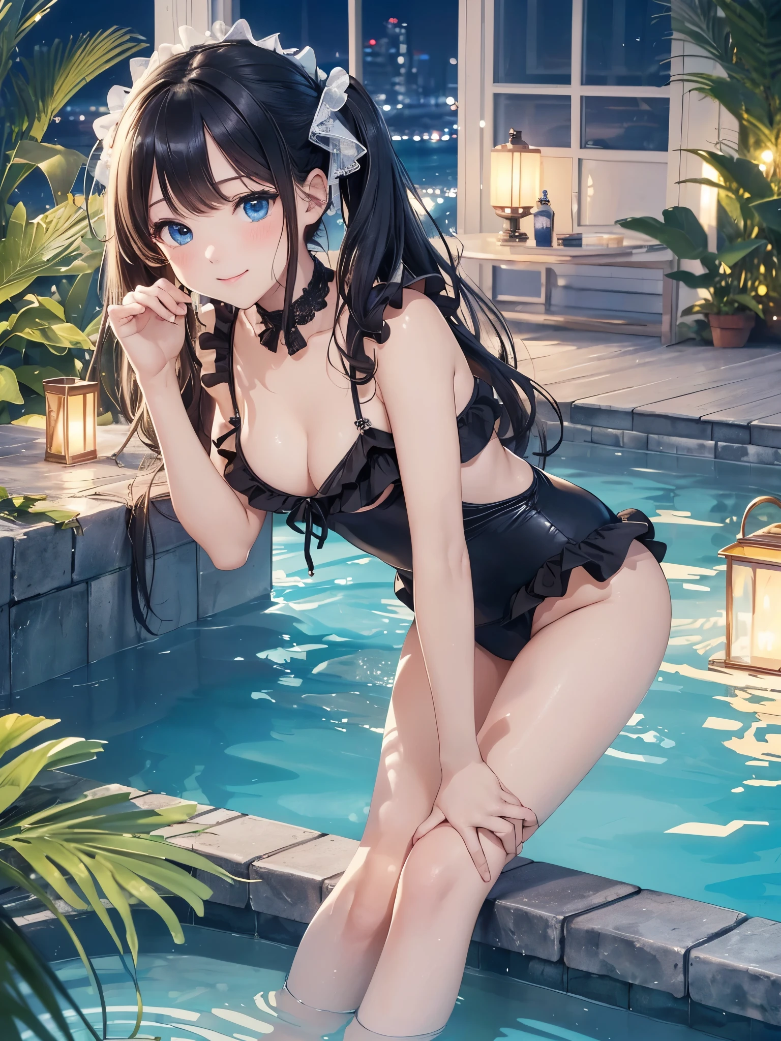 ((masterpiece)), ((highest quality、Ultra high definition)), (Very detailed),(8k、Photo quality)、((Amazingly cute girl)),1 girl)), Two people, , (Beautiful emerald blue eyes), ((smile、Small breasts)),In the open-air bath overlooking the sea, Beautifully arranged black hair in twin tails、Slim Body、((Cute swimsuit with lace and frills))、Professional Lighting、(White lace knee-highore detailed and beautiful)、(More details and cutenesore realistic)、((Just wear light clothing))、Frolic in the pool、((unbelievably cute))、((A cute pose))、((Night view))、(Have a drink to stay hydrated)、