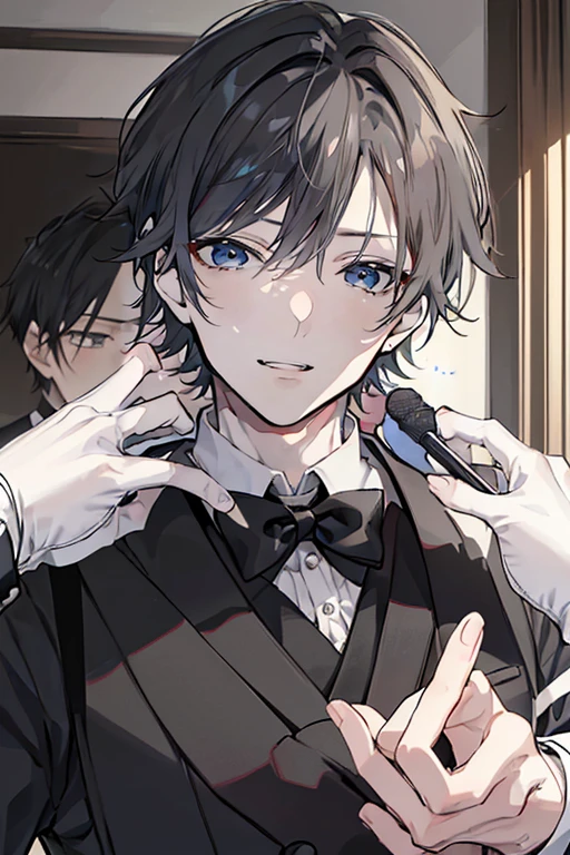 (Mastepiece)、(Best Quality)、Very detailed、((Two butlers:1.5))、Perfect Face、Beautiful Face、Very detailedな顔、(Black-haired man:1.3)、(Grey-haired man:1.3)、Deacon's uniform、(monocle:1.3)、(Wearing white gloves on both hands:1.3)、Smiling face
