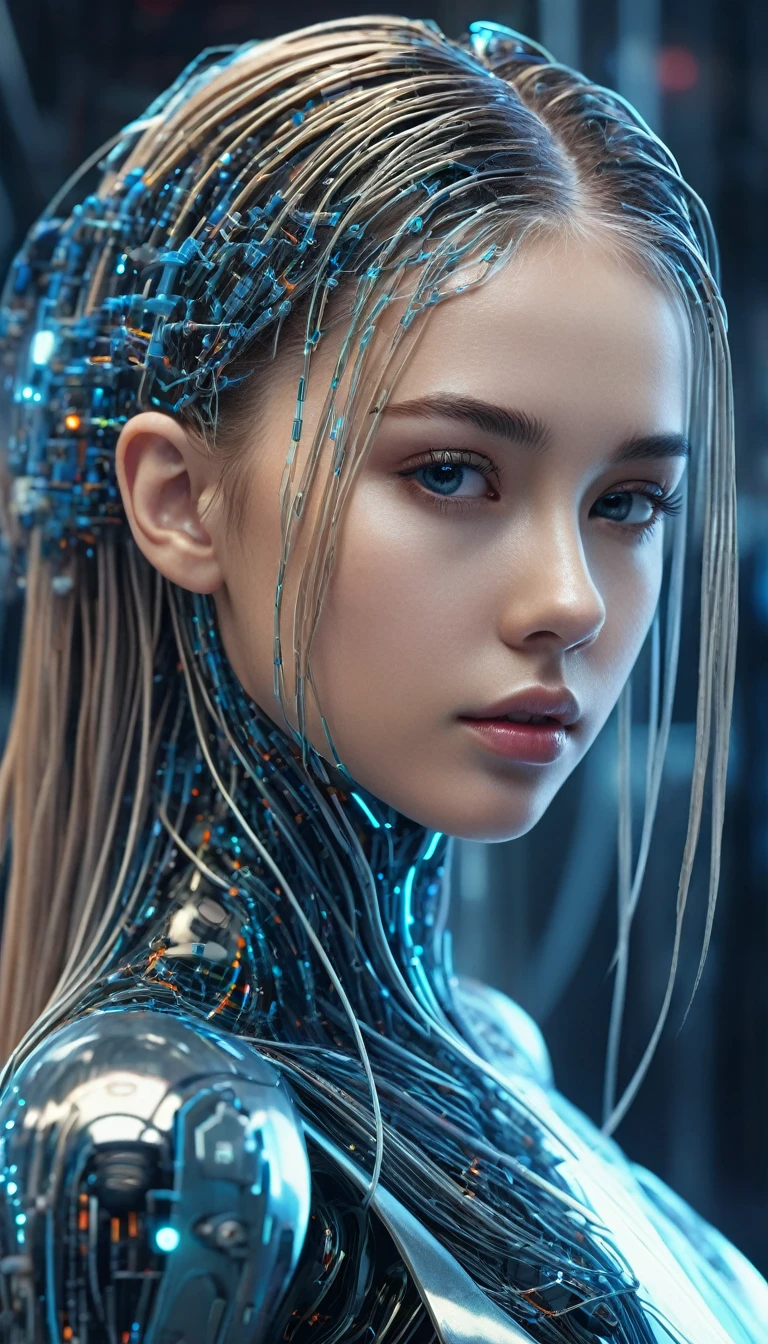 A beautiful futuristic cybernetic girl with hair with strands of neural networks, Futurism, UHD, super detail, best quality, 8k  