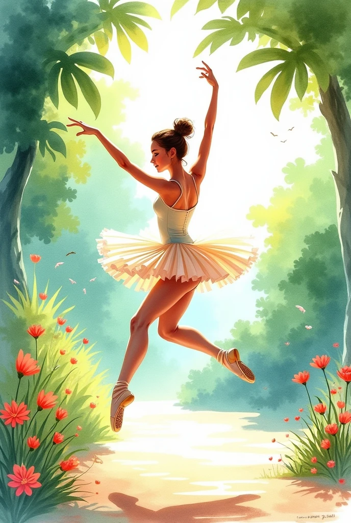 An image for a painting of a ballet dancer jumping outdoors, colorful watercolor art 
