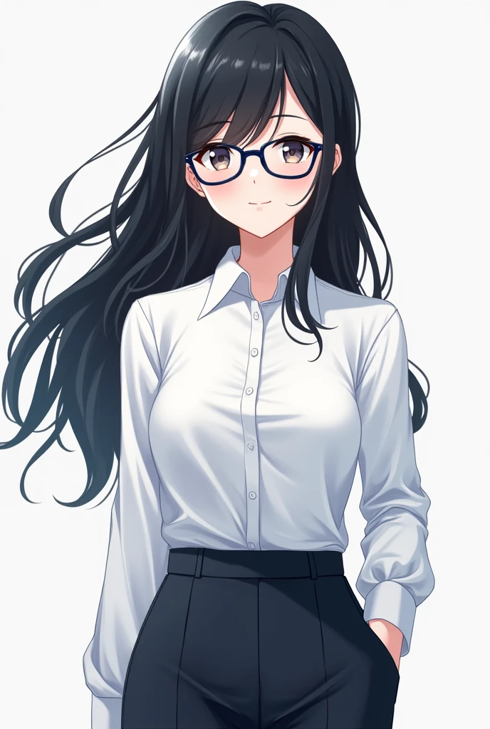 An anime-type girl with black hair, that he wears dark blue glasses, that for clothes he has a white shirt and formal pants