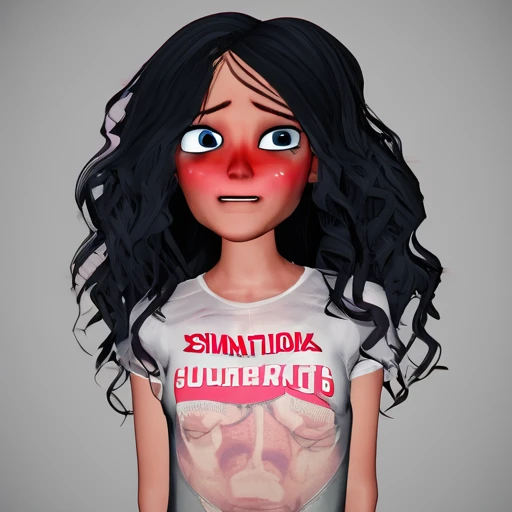 American girl of 18, video gamer, wearing translucent short T-shirt, black hair, ((blush: 0.8)), natural skin texture, 4K textures, highly detailed, insane details, faint colors , ((long wavy hair)), ((smile on face: 0.4)), (no panties: 0.2), ((looking directly at the camera)), ((tilted head: 0.8 )), ((small breasts:1)).