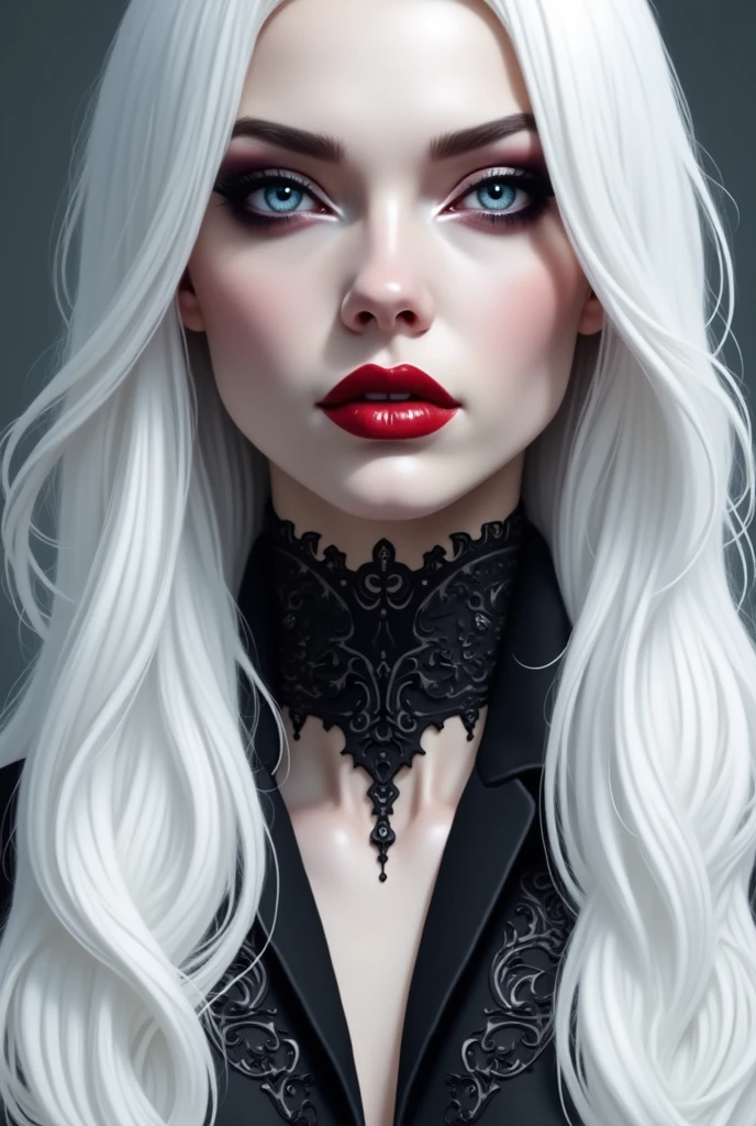  Woman with white hair and red makeup, beautiful vampire female queen, portrait of beautiful vampire, beautiful scary female vampire, dark goth queen with blue eyes, portrait of a lady vampire, beautiful vampire queen, beautiful female vampire, vampire portrait, androgynous vampire, gothic girl face, female vampire, vampire girl, wearing goth makeup gothic face
