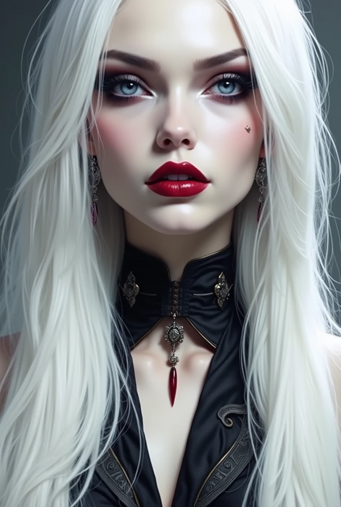 Woman with white hair and red makeup, beautiful vampire female queen, portrait of beautiful vampire, beautiful scary female vampire, dark goth queen with blue eyes, portrait of a lady vampire, beautiful vampire queen, beautiful female vampire, vampire portrait, androgynous vampire, gothic girl face, female vampire, vampire girl, wearing goth makeup gothic face