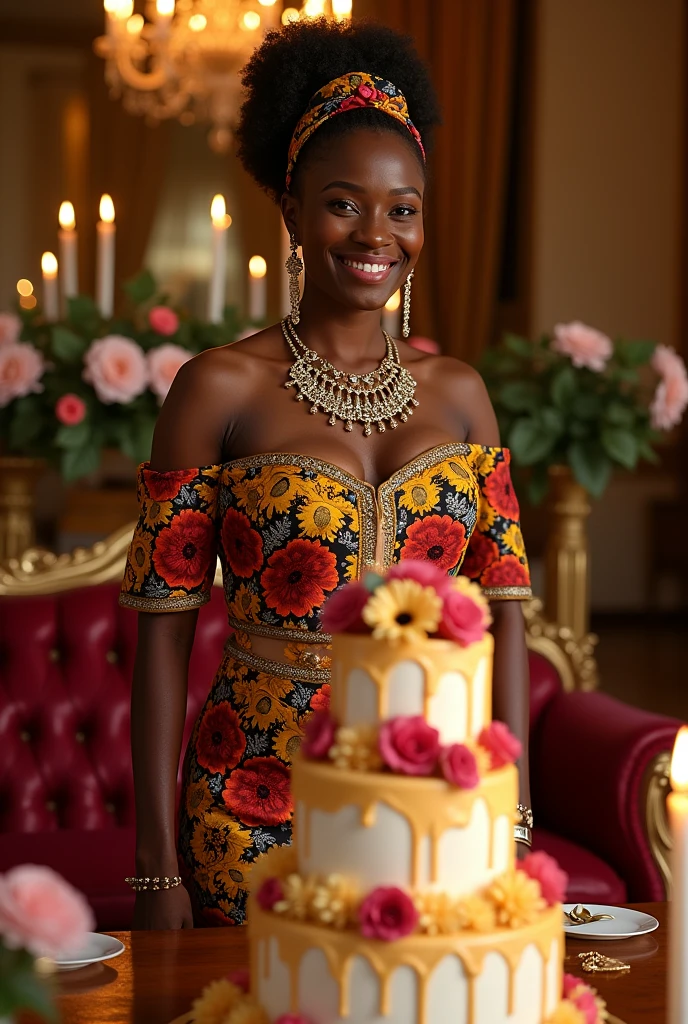 Une femme africaine habillé en mode africaine écrit au dessus de son vêtement "joyeux anniversaire perpétue Ayinabou"joyeux dans lieu luxueuse d'anniversaire avec un gâteau de trois étages