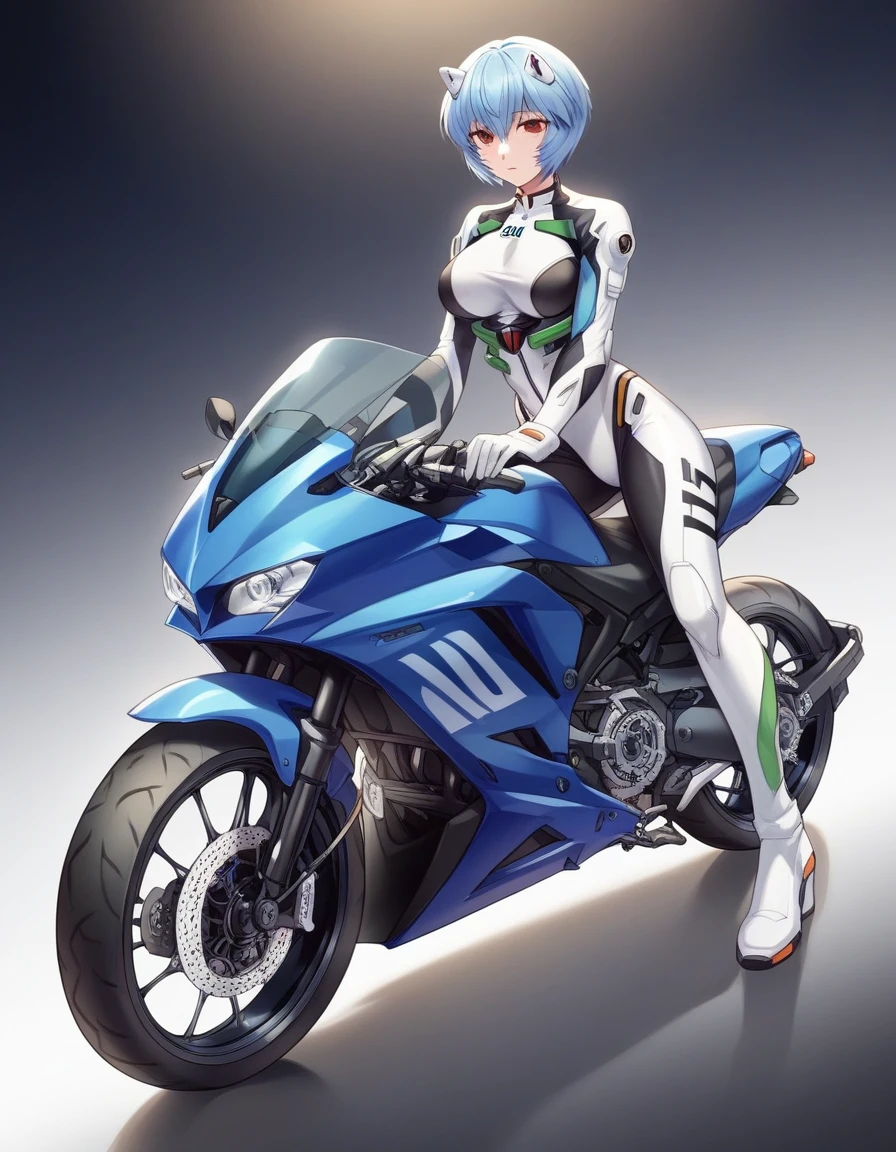 Rei Ayanami, masterpiece、highest quality、detailed description、black Plug Suit、Translucent costume, Jacket, blue hair, Woman riding a bigmotorbike（rider、white and Blue two-tone hairstyle、Detailed Description、Perfect Face、Armed、）、blue motorbike（blue、white,  bike、two-wheeled vehicle、big、Mechanic Design）