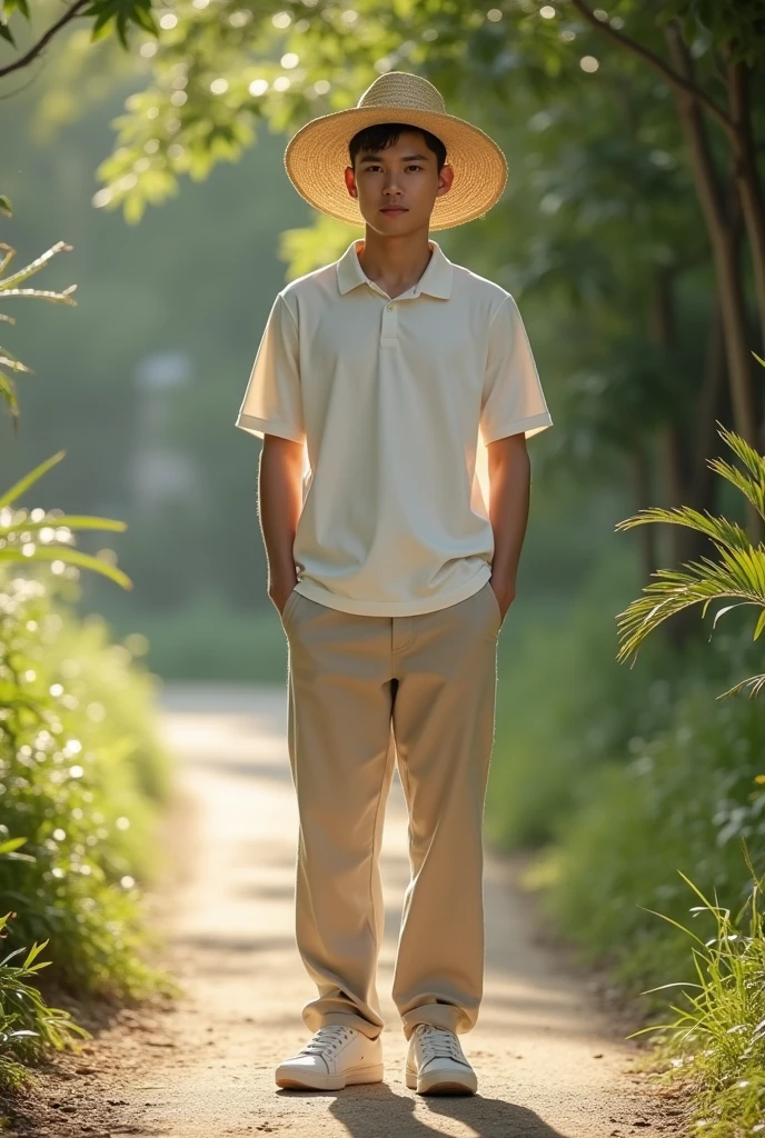 Realistic photography，Full body front view，A young Asian man wearing a straw hat walking，Wearing summer short-sleeved clothing，wear sneakers。