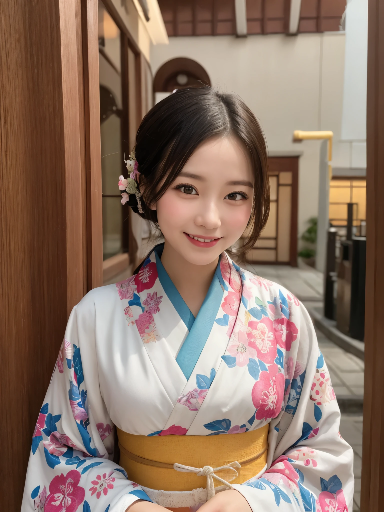 1girl, solo, highres, best_quality, masterpiece, detailed_background, intricate_details, beautiful, nara, todai_ji, great_buddha, temple, historical, traditional_clothes, kimono, smile, looking_at_viewer, dynamic_pose, natural_pose, candid, happy