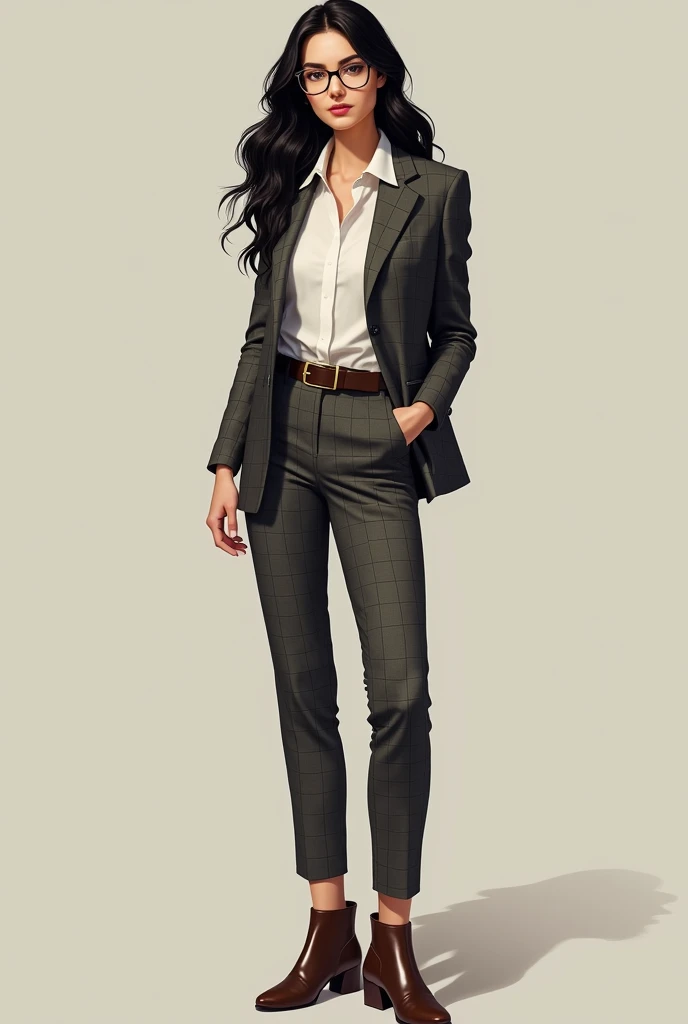 Woman with long dark hair, skin fair, wearing a suit with blazer and pants, checkered color, white shirt underneath and brown low-heeled boots and light-colored square glasses.