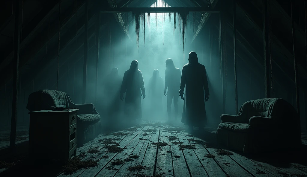 make an illustration of a haunted house attic where things move, make it dark and spooky with fog and a dark color palette, make it with an ultra-realistic tone, rich in details