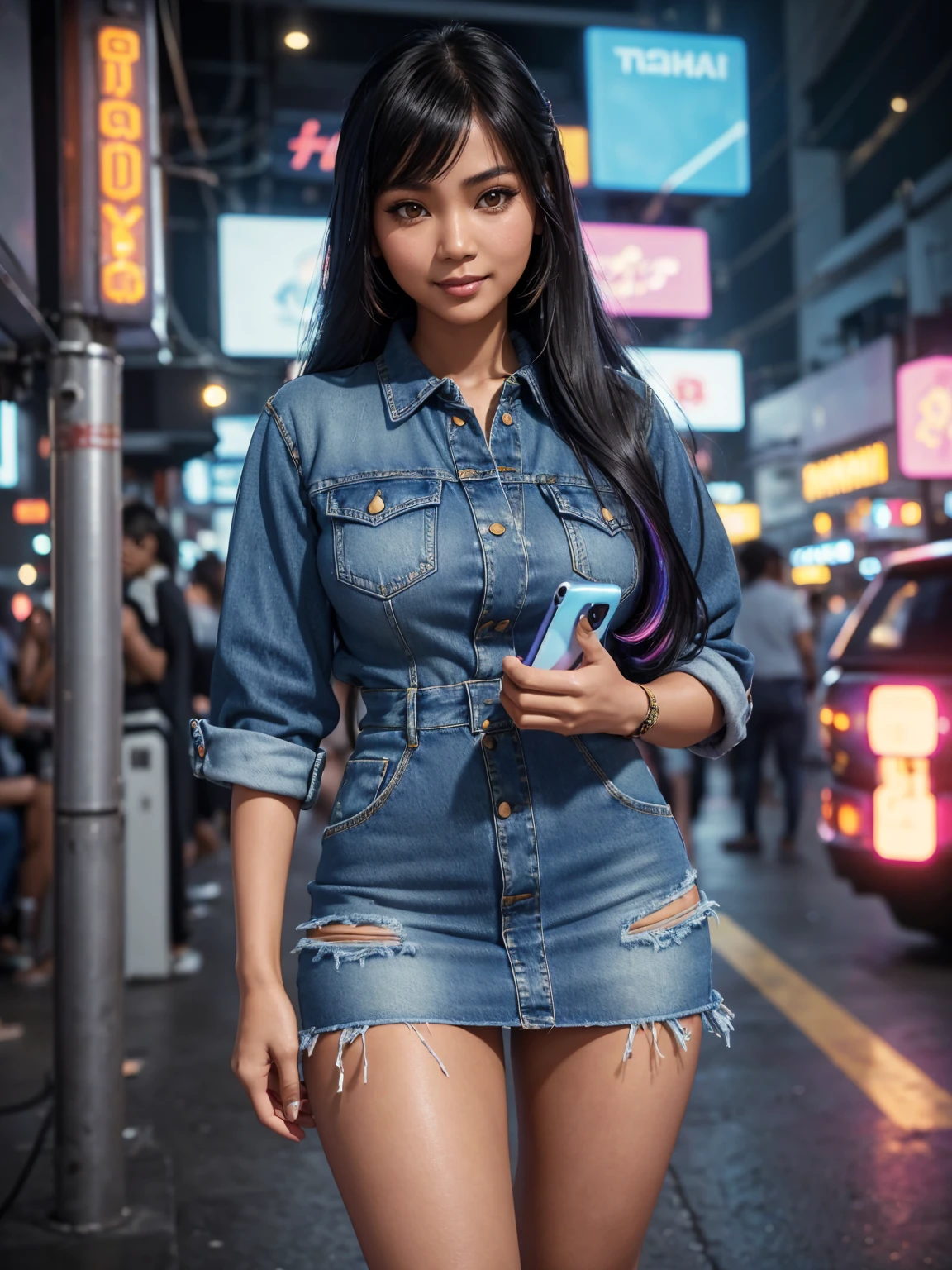 (30 years old, wearing denim dress), ((cute SFW Filipina|Thai woman holding colorful_smartphone, thighs, detailed face and eyeshadow, crowded cyberpunk plaza)), hourglass figure, smile, intricate, big breasts, bangs, (long hair), Cinematic lighting, global illumination, studio lighting, daytime, highly detailed, k, octane render, trending on artstation, soft fill lighting