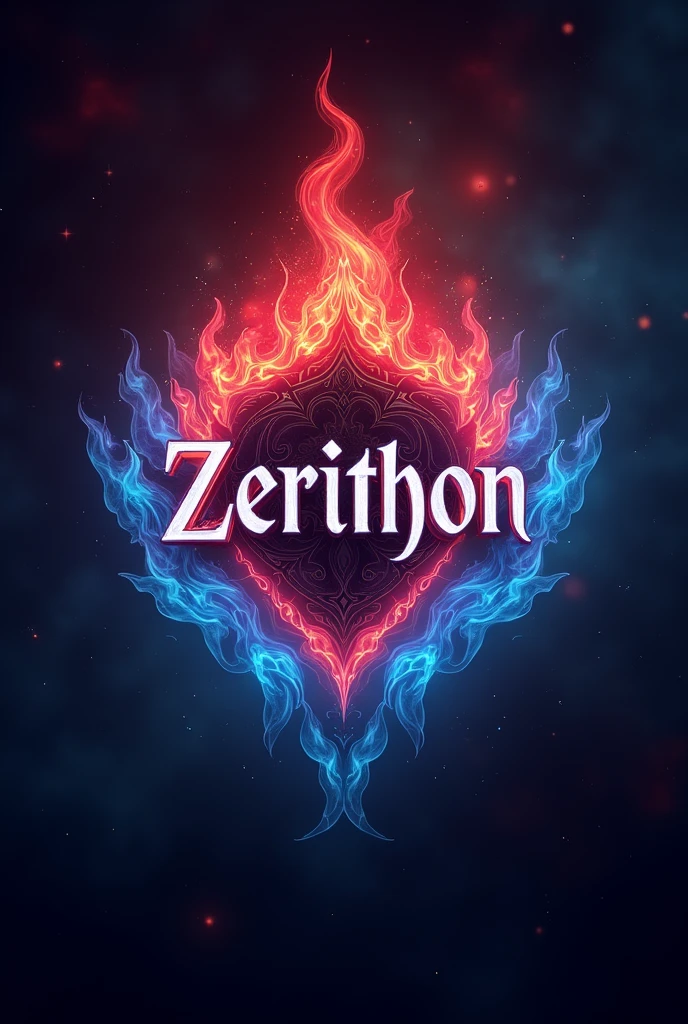 Generate a youtube "gaming channel logo"having the name as "Zerithon" with magical red and blue fire aura with a background upto the size of the namw in space