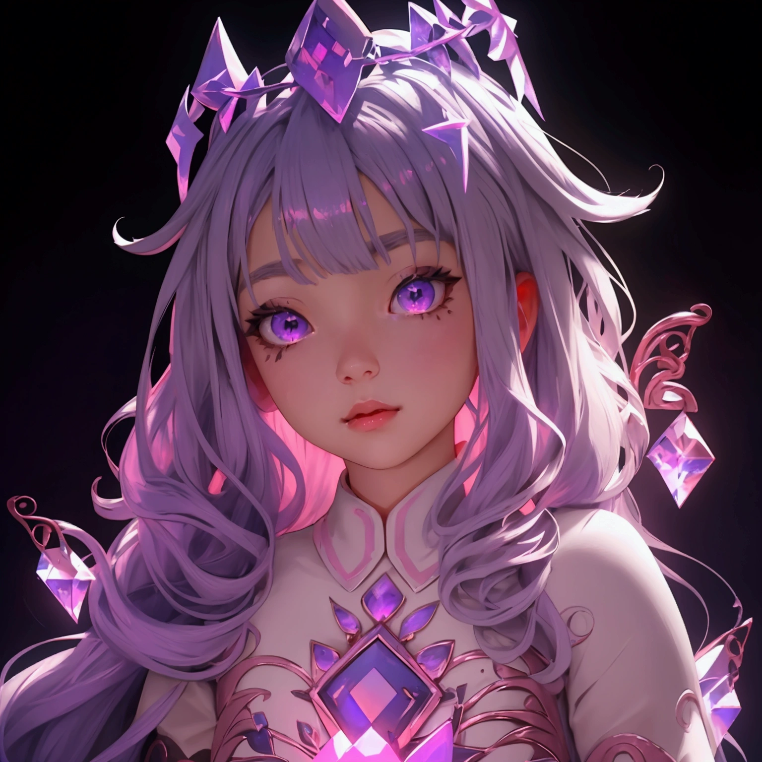 envision a 8k, highres, cinematic, close up beautiful portrait of a short adult girl named Koseki Bijou with long pinkish gray hair, a jeweled crown, purple eyes, wearing a white dress with magic attachments and bright colorful crystal armor plates against a dark background