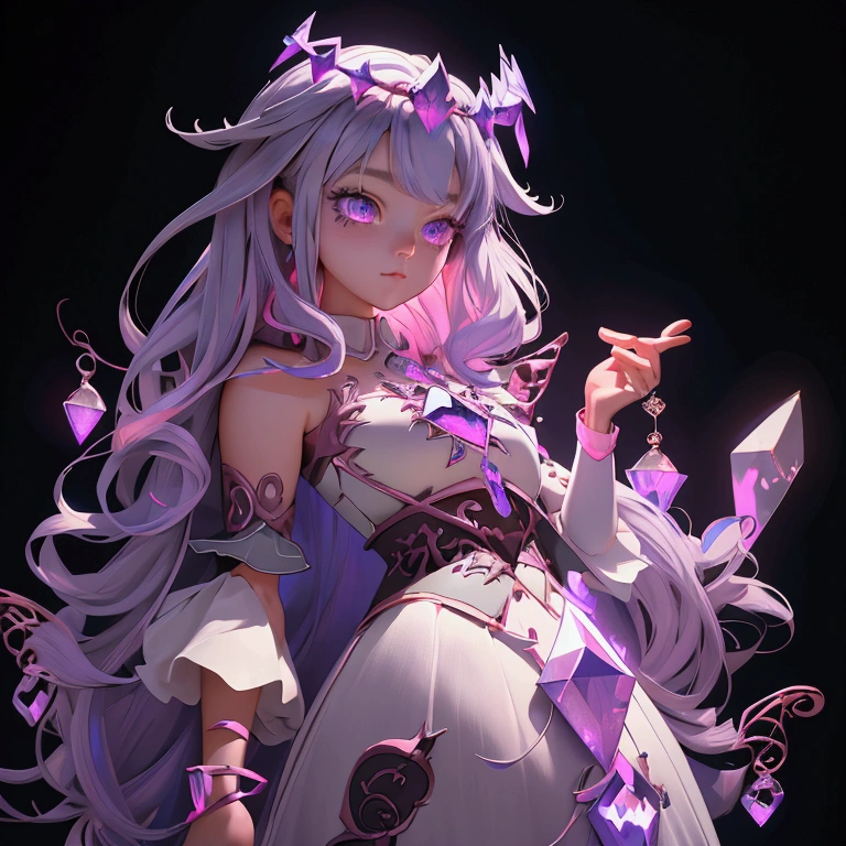 envision a 8k, highres, cinematic, close up beautiful portrait of a short adult girl named Koseki Bijou with long pinkish gray hair, a jeweled crown, purple eyes, wearing a white dress with magic attachments and bright colorful crystal armor plates against a dark background