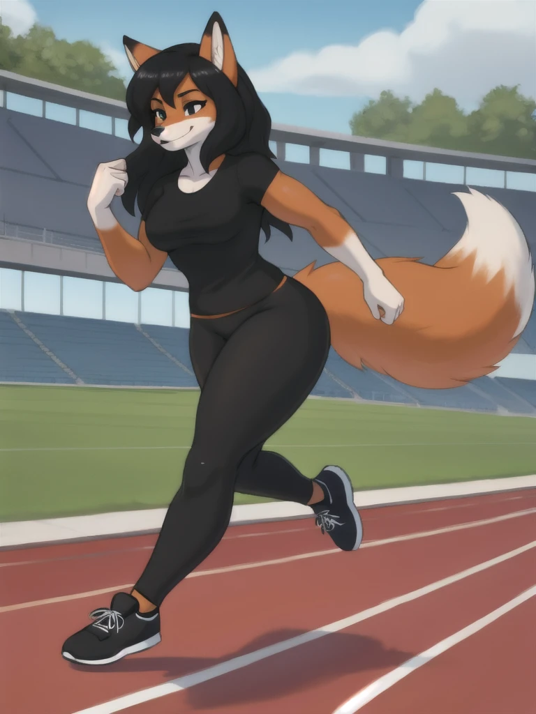 Furry, fox, female, black shirt, black leggings, shoes, running track, friends, full body