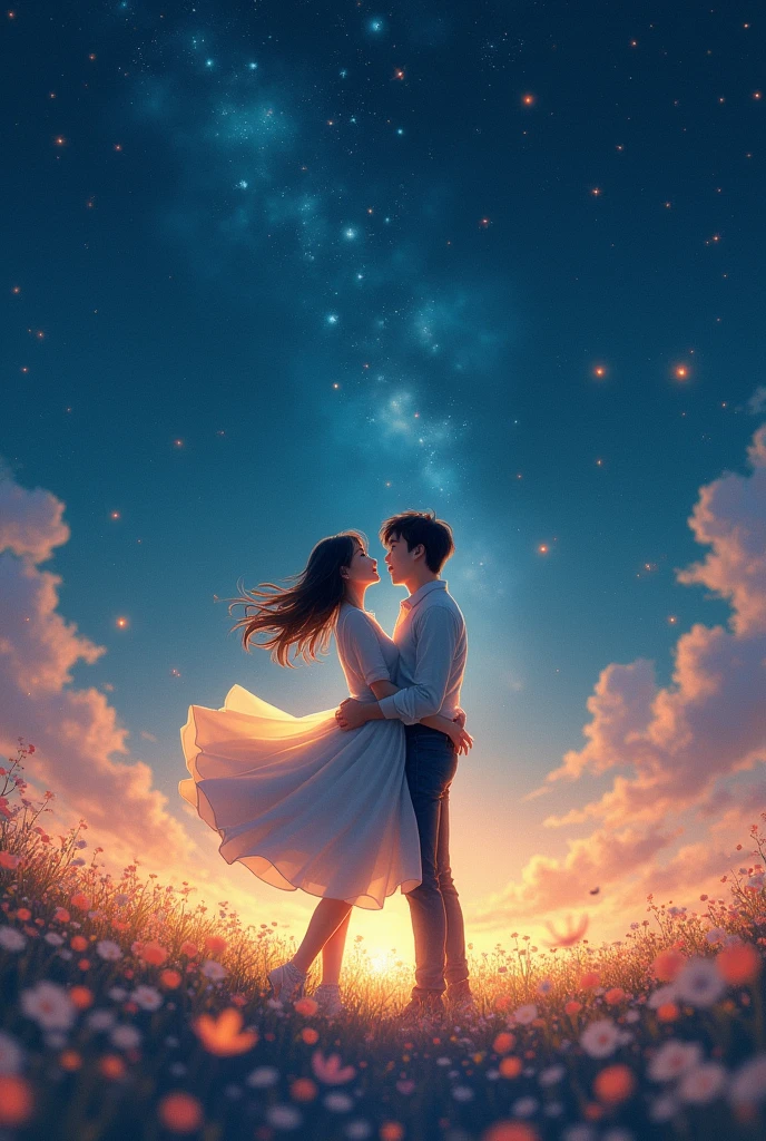 Under the starry sky, images of the chorus move in a dreamlike sequence of two people holding hands in a flower field and looking up at the night sky. The surroundings are lit by soft, warm lights, and everything feels magical. They laugh, spin, and embrace each other as if the lyrics represent a bond. (Japanese woman and Korean man), twin-ray, beautiful sparkle