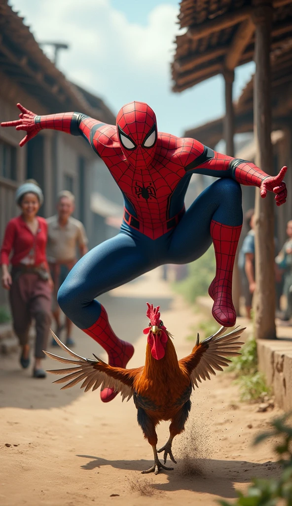 Create an extremely realistic and humorous scene featuring Spiderman in a rural village setting. Spiderman is shown mid-fall, just after attempting to catch a rooster that has escaped his grasp. The rooster is seen running away, flapping its wings in panic. The village surroundings are rustic, with wooden houses, dirt roads, and a few villagers in the background laughing at the situation. Spiderman's expression is a mix of surprise and frustration, while the scene captures the chaotic and funny moment perfectly.