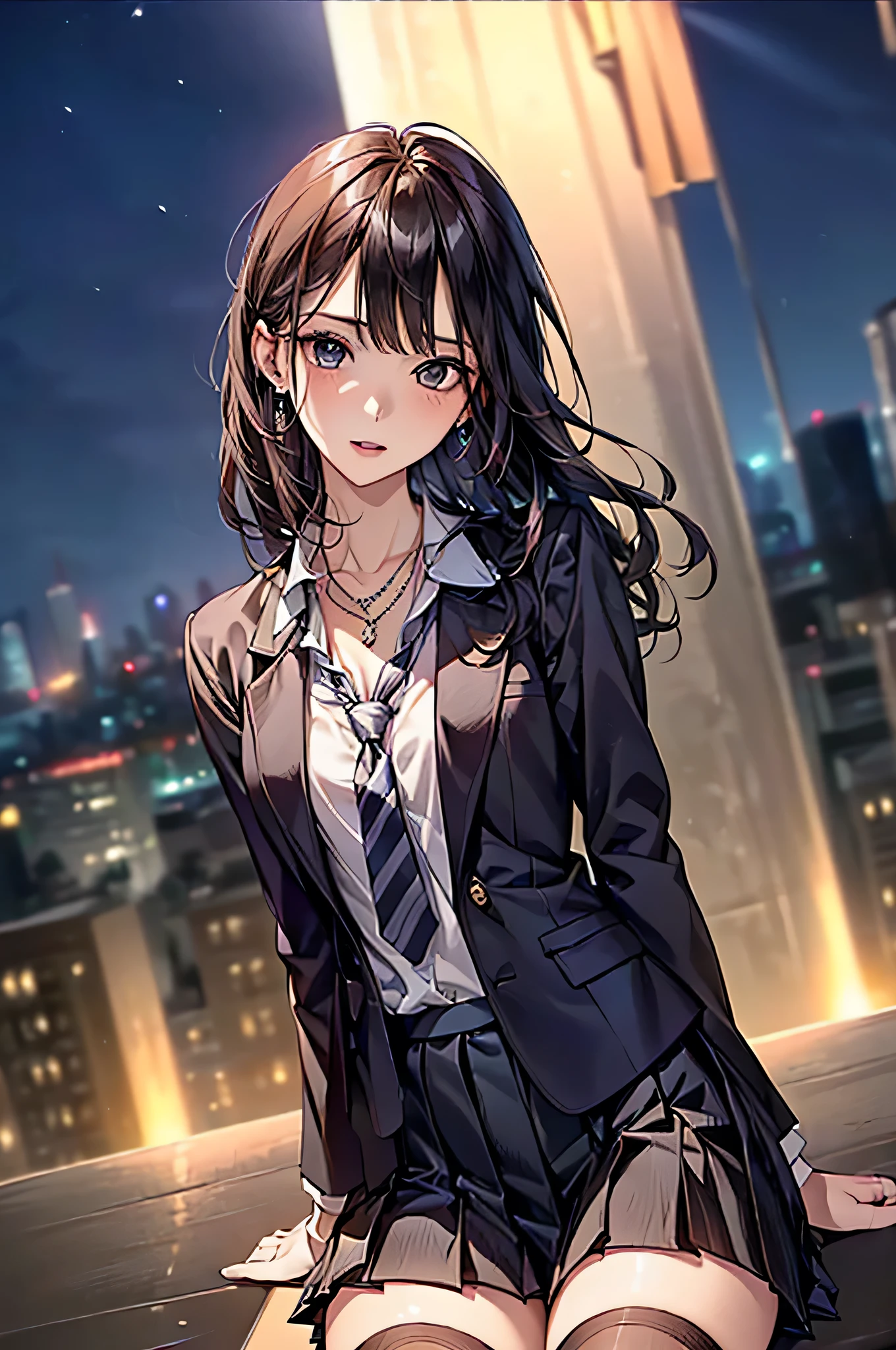 ((Biologically correct limb count))、(( Full-body photo including face))、4K、((Standing position))、masterpiece、((Focus on the face))、((Symmetrical facial features))、Eye for detailed depiction、Beautiful woman、Excellent style、Beautiful clavicle、Beautiful feet、Beautiful Hands、Slender body、(Small Ass、Thin thighs)、(Striped stockings、High heels)、Detailed depiction of the face、Small earrings、necklace、(upper body blazer、shirt、(Block pleated skirt))、Look at me sideways、tie、Night cityscape、Great background、Low Angle