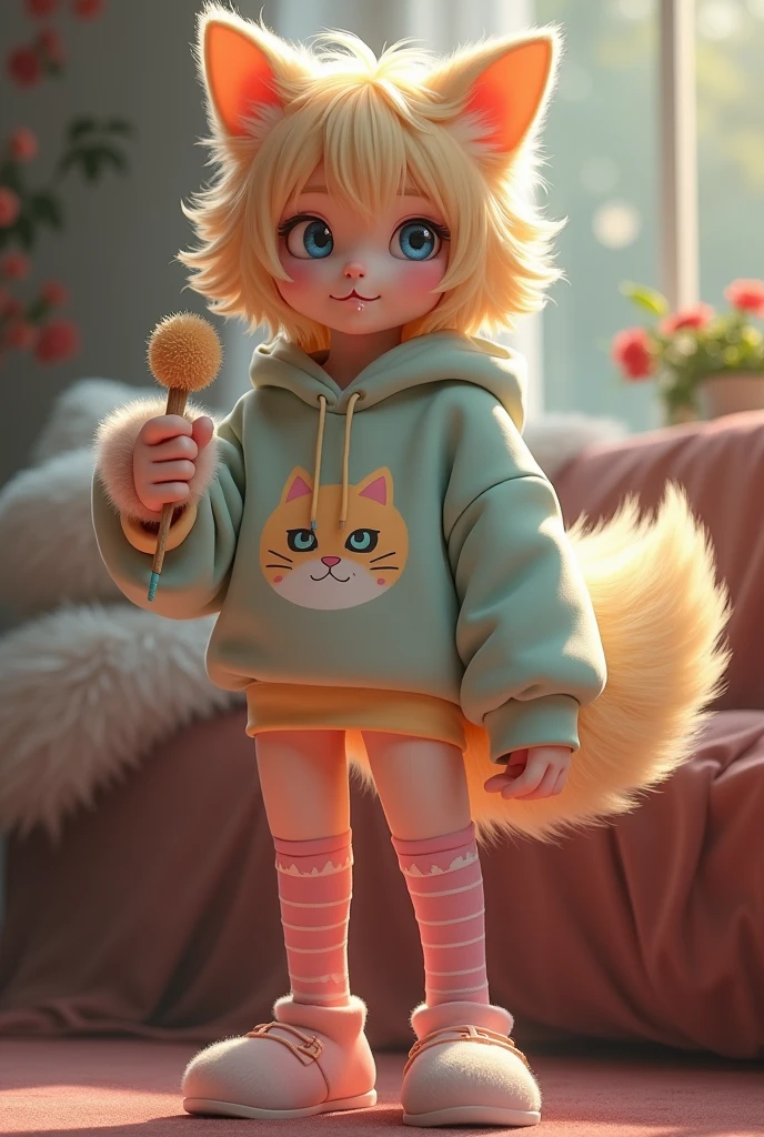 detailed and extremely flufflyy body, fluffly, work of art, detailed back ground, glad, wearing a big sweatshirt, (loaded on e621,8k, CRU photo, high resolution, high qualiy), ((work of art)), boy, (wear a shirt and no bottom), (cinematic lighting), detailed back ground, photorrealistic, blonde hair, shorth hair, virado facing the front, blue eyes, pink long socks with white details, no pants, long sleeve sweatshirt, extremely thick thighs, Waist slender, boy gay, crossdresser, facing the front, no boobs, sweatshirt with cat design, boy afeminado, boy fluffly, femboy, cute socks, boy humano, all pink clothes, holding a dildo gg, drooling
