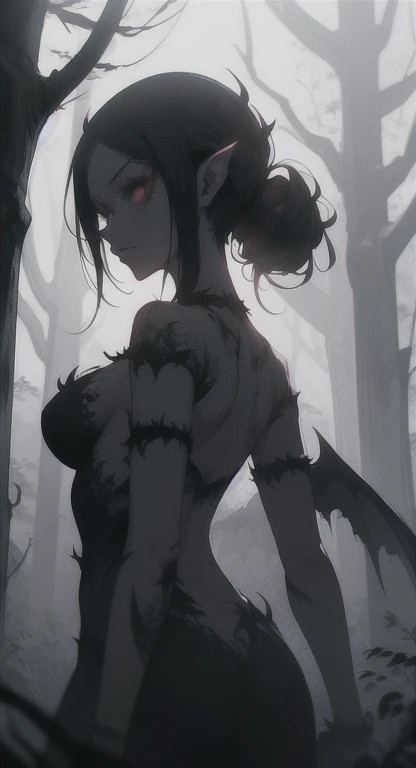 (1 girl, pubic hair, nude natural tits), (best quality, high-res, ultra-detailed, anime style), ((dark gray skin demon girl, black hair, yellow sparkling eyes, looking at viewer, smug eyes, slightly smiling)), (dark foggy forest, night foggy forest, horror forest), dusk, sexy shot, (nsfw), pubic hair, dark gray skin nude demon, (((dark gray skin demon girl))), giant demon horns, black horns, collar, topless, bare chest, horror aesthetic