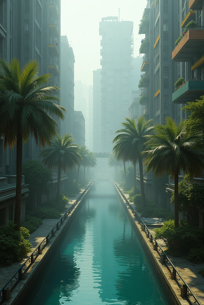 Image of a straight canal with crystal clear pool water and palm trees around, in the middle of a beautiful and futuristic metropolis, with several futuristic concrete buildings with balconies with plants around, half life 2 style, , scenario inspired by the scenario of the game Half Life 2, gray and rainy sky, Raby, Metal buildings in colorful tones, futuristic scenery, there is fog, 