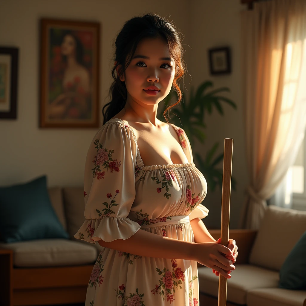 a beautiful indonesian woman, curvacious, tied hair, huge breasted, wearing floral pattern housedress, cleaning the house, holding broom in the living room, look at the viewer, natural light, realistic photography, wide angle shot, detailed facial features, intricate clothing folds, soft lighting, warm color tone, bathroom, photorealistic, cinematic composition, high quality, 8k, masterpiece