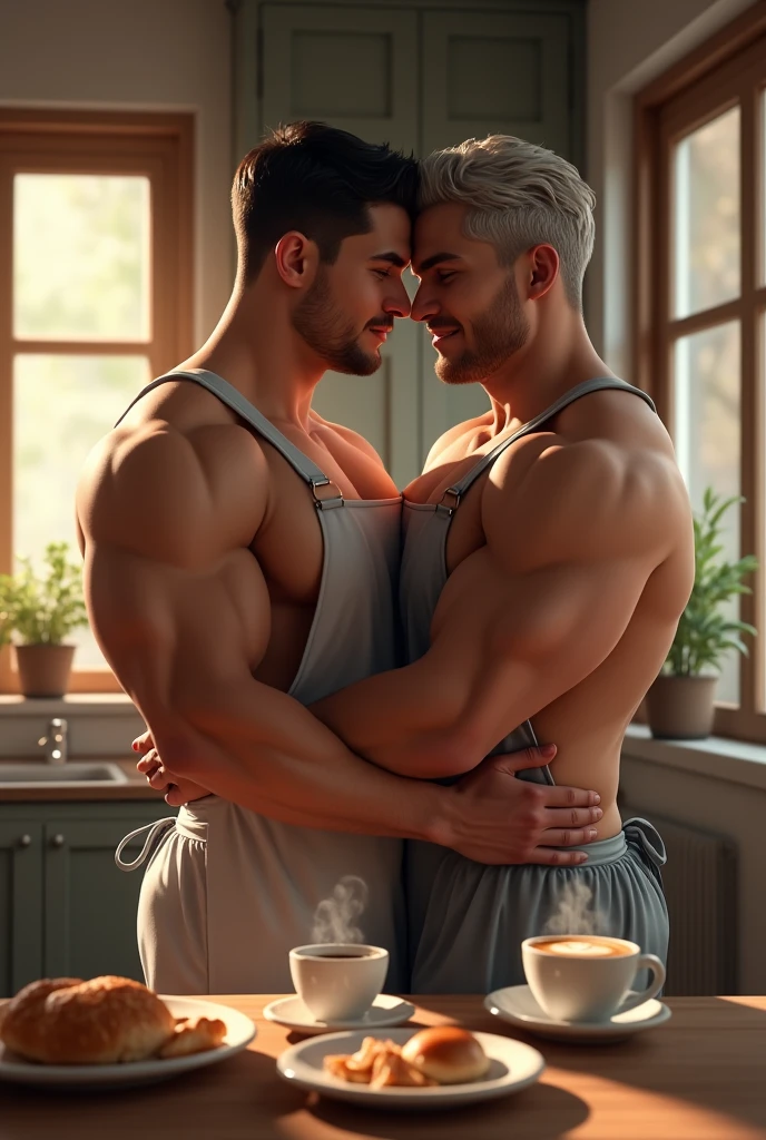 Highest quality、masterpiece、high resolution、(Two manly young men:1.5)、A muscular man with black hair wearing a nude apron、A gray-haired, muscular man in pajamas、(short hair:1.2)、kitchen、Light of the sun、Breakfast and coffee on the table、Gay