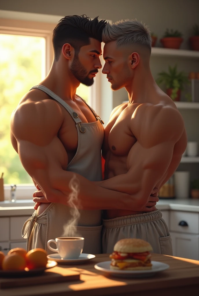 Highest quality、masterpiece、high resolution、(Two manly young men:1.5)、A muscular man with black hair wearing a nude apron、A gray-haired, muscular man in pajamas、(short hair:1.2)、kitchen、Light of the sun、Breakfast and coffee on the table、Gay