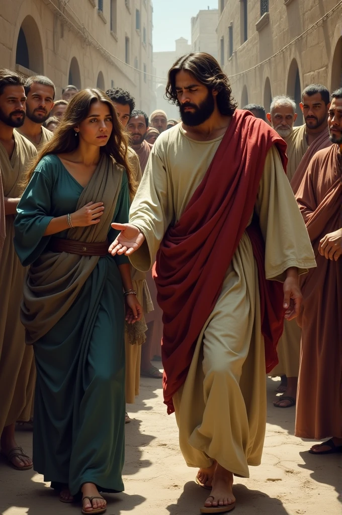 Jesus is depicted as He carries the Cross through the crowded streets of Jerusalem, struggling under its immense weight. His face shows signs of exhaustion and pain, and His white robe, stained with blood and dirt, clings to His battered body. As He moves forward, He encounters His Mother, the Virgin Mary, standing amidst the crowd. Mary is shown with a look of deep sorrow and anguish on her face, her hands reaching out towards her Son. She is dressed in simple, modest attire, her expression a poignant mix of compassion and grief. The scene captures the emotional intensity of their encounter, with Jesus and Mary exchanging a brief but powerful gaze. The background remains the same dusty, crowded streets of Jerusalem, with an overcast sky that mirrors the somber mood. This moment highlights the profound emotional and spiritual connection between mother and Son amidst the suffering and pain.