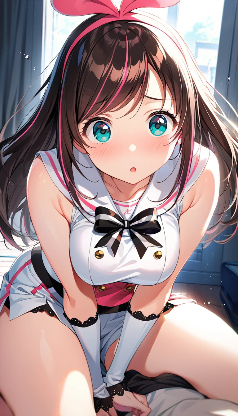 16k,1girl, Kizuna AI \(Kizuna AI\), Kizuna AI, ,official style,blush,embarrassed,:o,cute,thick thighs,big breast,natural lighting, (masterpiece, best quality),,detailed scenery,looking view,pov,white background 