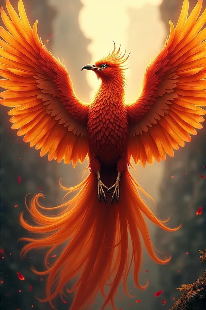 The design of a realistic phoenix for a tattoo that has the colors red, yellow and orange