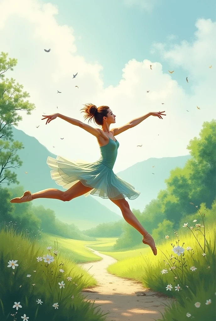 ballet dancer jumping outdoors, with nature and colorful watercolor art