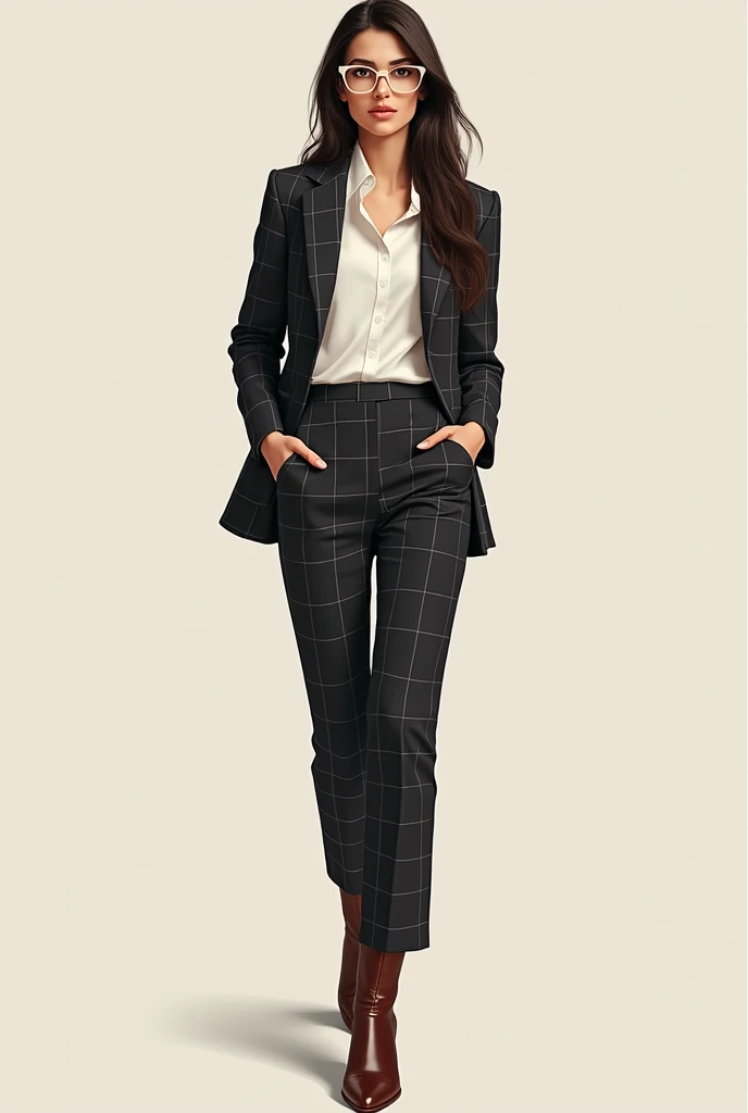Woman with long dark hair, skin fair, wearing a suit with a blazer and pants without showing the ankle, checkered color, white shirt underneath and brown low-heeled boots and light-colored square glasses
