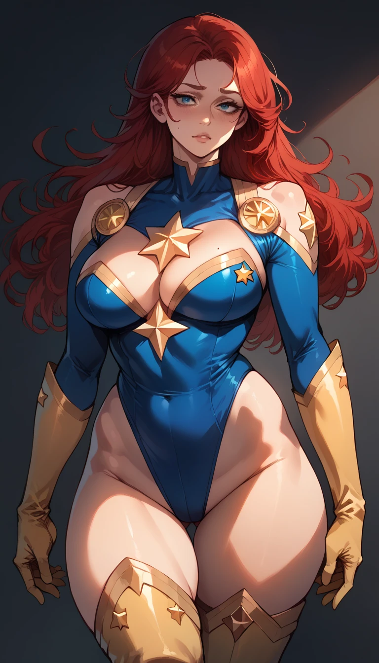 score_9, score_8_up, score_7_up, score_6_up, (((masterpiece))), (((Best Quality: 1.5))), Sexy, Superheroine, Red hair, long hair, busty, plump, curvy, ((blue highleg leotard with a t-back thong and a gold star insignia on chest)), gold boots, gold gloves,