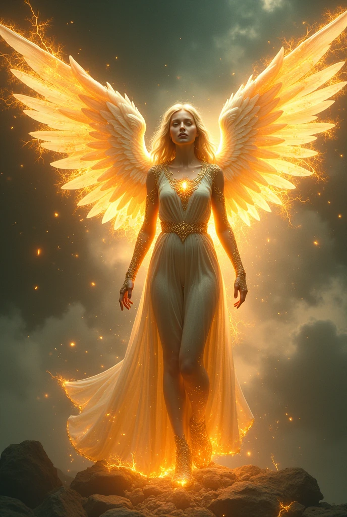 Create an angel Waist surrounded with fine gold, robes in the color of beryl, face shining like lightning, eyes like a torch of fire, arms and feet shine like polished bronze.