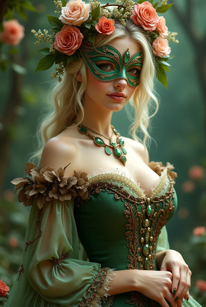 (photorealism:1.2), Beautiful blonde woman in a Victorian style dress, green on top and brown on the bottom, with beautiful flowers on top and vines around it,
a jade green necklace and a crown of beautiful flowers and thorns, with a mask made of small flowers and crystals