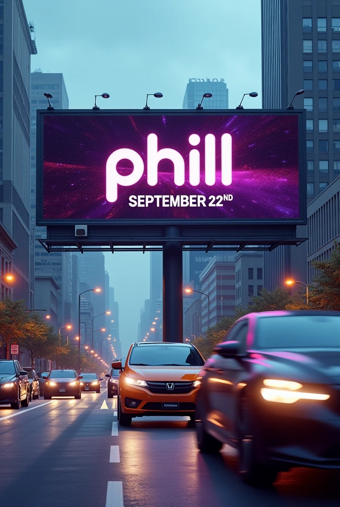 create a billboard with cars passing by and the words PHILL LAUNCHING SEPTEMBER 22