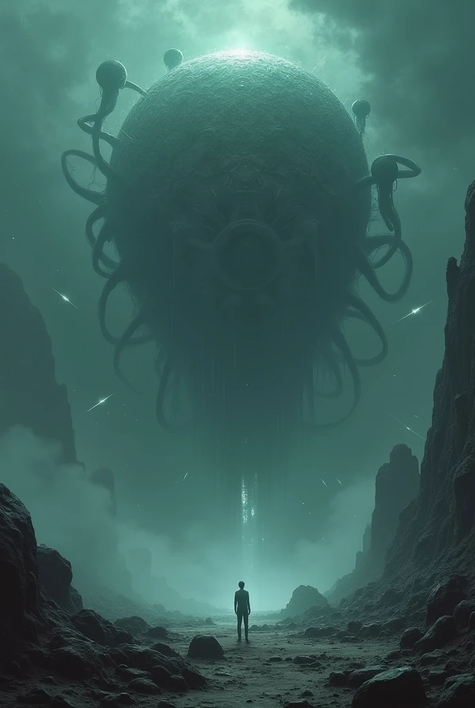 A colossal organic structure, with a central spiral shape and multiple tentacles extending from its core. The core is a large ocular sphere that continuously observes and emits beams of dark energy.. The structure is composed of an alien material that appears to pulse and move, emitting a dark, menacing glow.