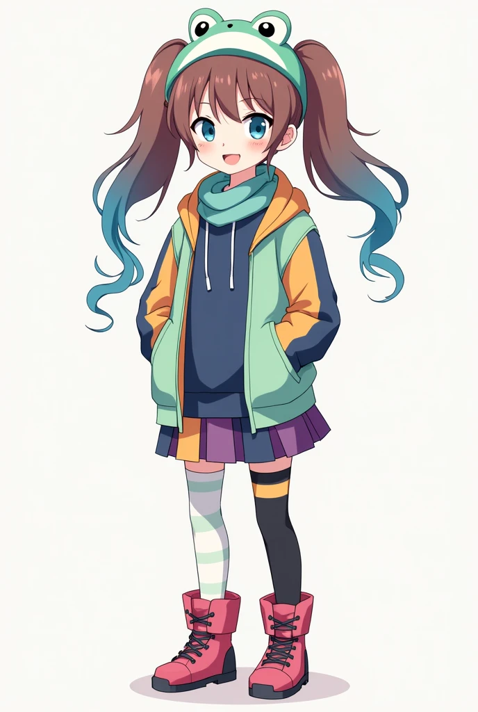 Create an anime style girl with a dark blue sweatshirt under a light green jacket with orange and blue sleeves, with a frog cap, short purple and yellow skirt, with a blue and red scarf, with long black and white stockings, with pastel red and dark purple boots, with hair in long pigtails half blue and half brown 