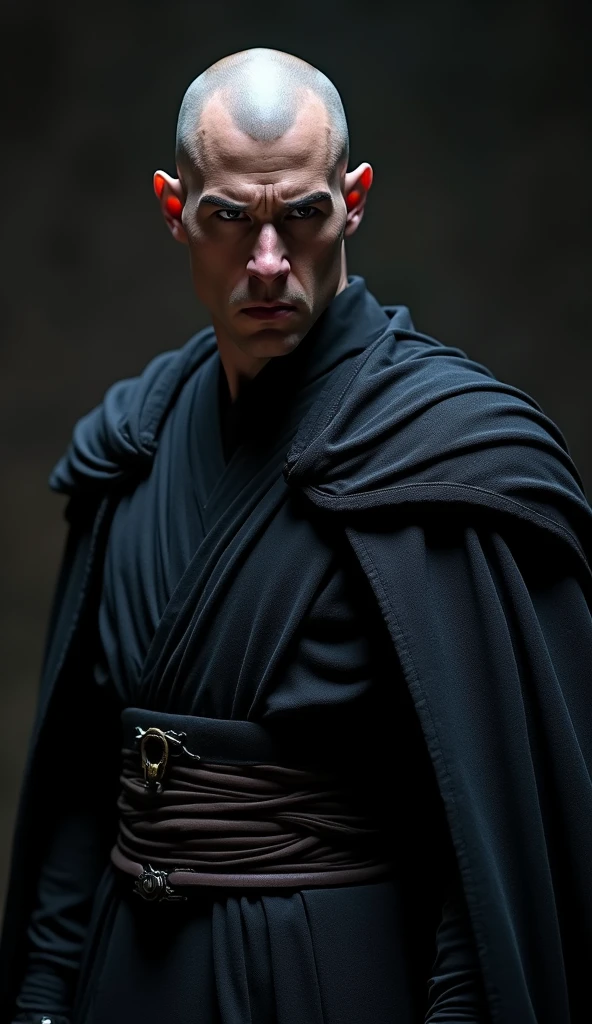 {A hyper-realistic close-up shot of a young Lord Sith, capturing the region from his chest to the top of his head. The Lord Sith stands with a powerful and commanding presence, facing the viewer directly with a serious and intimidating expression. He has a shaved head and appears to be around 2, with a strong, well-built physique, the result of years of rigorous training with the masters of the dark Jedi order. His broad chest and muscular build are clearly evident under the traditional dark, intricately detailed Sith robes that fit snugly around his torso. The fabric of the robes subtly highlights the contours of his powerful physique, adding to his menacing aura. The setting is shrouded in total darkness, with the Sith Lord emerging from the shadows, creating a sense of mystery and danger. The background is completely black, focusing all attention on the Sith Lord’s intense gaze, chiseled features, and formidable posture. The photograph is taken in a cinematic style, using one of the world’s most advanced cameras, ensuring extreme clarity and detail. The lens is highly sensitive, capturing every nuance of the Lord Sith’s expression, the textures of his robes, and the strength of his physique. The lighting is carefully controlled, casting a dramatic spotlight on his face and upper chest, while the rest of the scene remains in shadow. The image is rendered in stunning 8K and 4K resolution, with meticulous post-processing to enhance the sharpness, contrast, and depth, delivering a photo with unparalleled clarity and impact.}
--ar 4:3 --v 5.1 --q 2 --style hyper-realistic --hd 8k, 4k --details intricate --sharpness extreme --contrast high --lighting dramatic spotlight --atmosphere dark and ominous --background complete darkness --camera hasselblad h6d-400c ms --lens 85mm portrait --iso 50 --shutter_speed 1/200s --focus_highlight Lord Sith's face, expression, and muscular chest --render ultra-detailed --hdr true --depth_of_field shallow