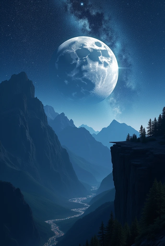 giant moon night, starry sky, Milky Way, moutains, mar, city far away, cliff, moutain,4K,8k