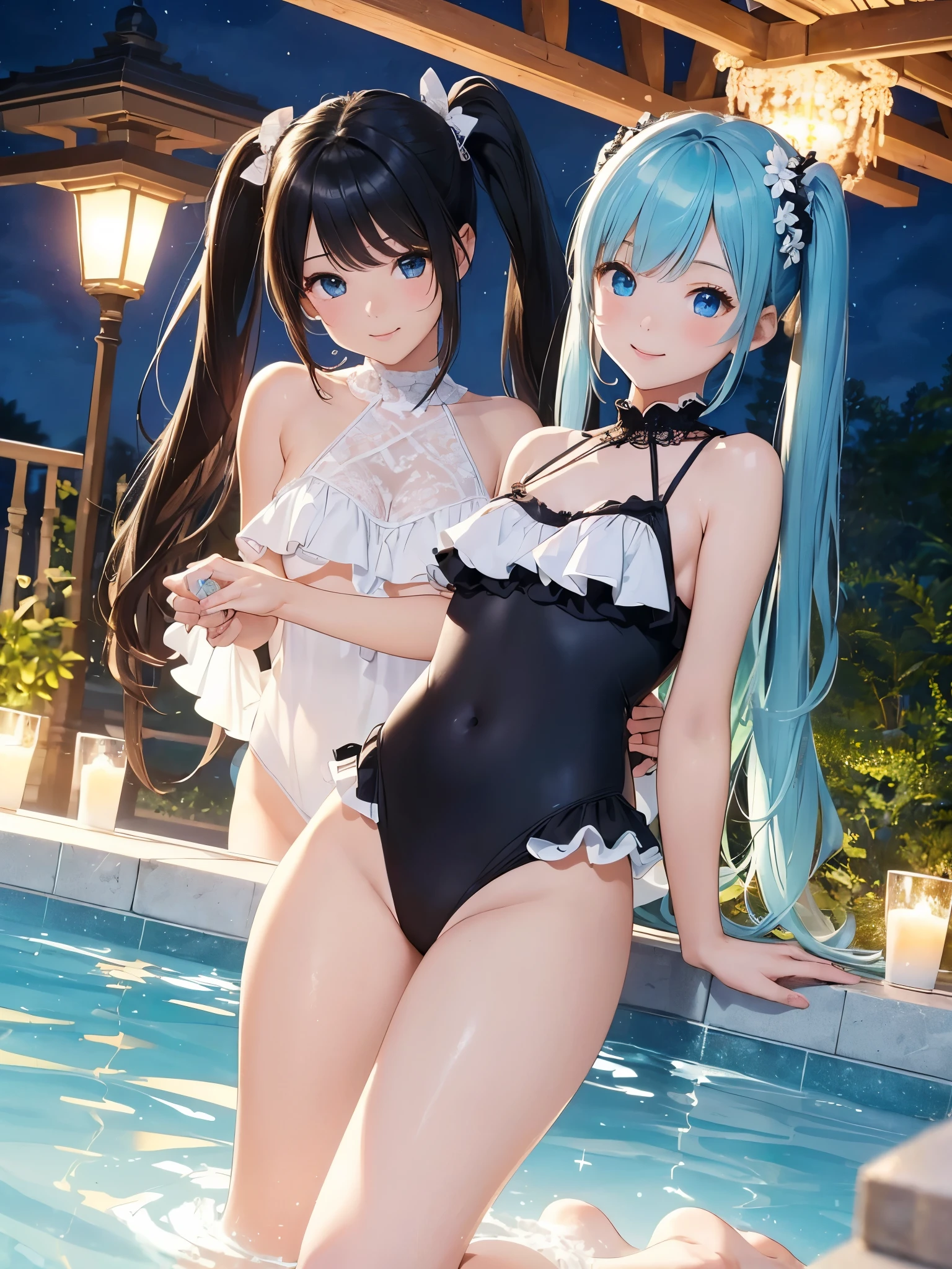 ((masterpiece)), ((highest quality、Ultra high definition)), (Very detailed),(8k、Photo quality)、((Amazingly cute girl)),1 girl)), Two people, , (Beautiful emerald blue eyes), ((smile、Small breasts)),In the open-air bath overlooking the sea, Beautifully arranged black hair in twin tails、Slim Body、((Cute swimsuit with lace and frills))、Professional Lighting、(White lace knee-highore detailed and beautiful)、(More details and cutenesore realistic)、((Just wear light clothing))、Frolic in the pool、((unbelievably cute))、((A cute pose))、((Night view))、(Have a drink to stay hydrated)、