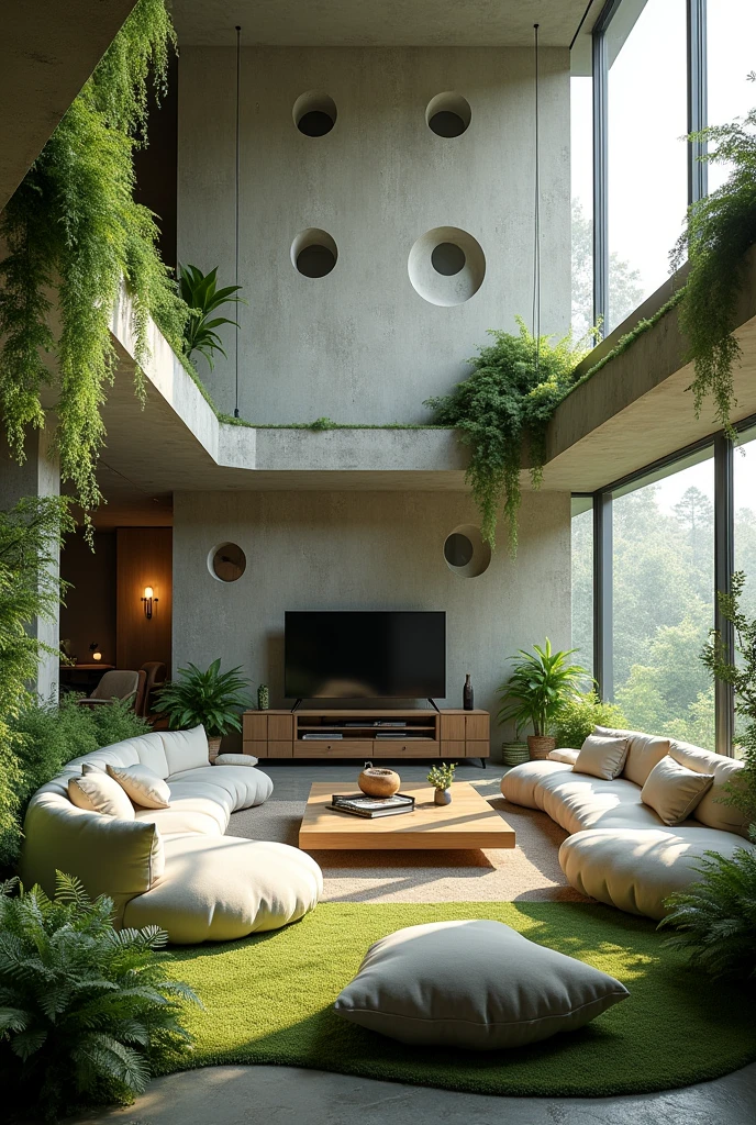 make a brutalist a cozy living room with an open space
make the couch look clouds
full of lush, hanging vines and moss
make a lot of different shape
big industrial window
make some windows circle
add fern
add cloud ottoman
add a television, center table, coffee table
add entertainment set
add grass carpet
add cozy chairs
add mini couch
add pillow that resembles leaf on the ground