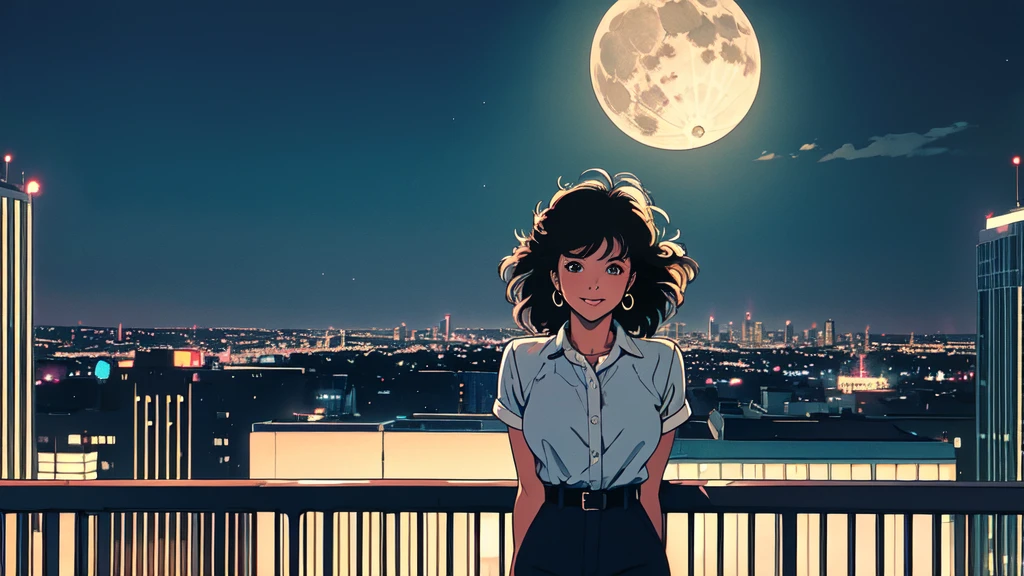 (Masterpiece), 80's, Retro, City Pop, Top Quality, Looking Out From High Rise Apartment Balcony, Night Sky, Cityscape, Viewer, City Lights, Dramatic Light, Calm Face, Smiling, Full Moon