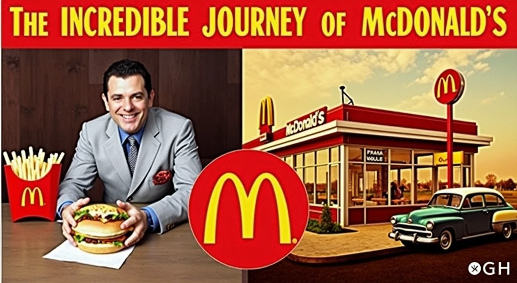 main image: Display the iconic McDonald's logo prominently, perhaps on a vibrant red background, which is the brand's traditional color.
Secondary Elements:
Include a picture of a classic McDonald's restaurant from the 1950s or 1960s, with the famous golden arches sign, to evoke nostalgia.
Add some of the most famous products, SOM um Big Mac ou uma embalagem de batatas fritas, In a corner of the image.
Cover Text: Use an impactful font for the title, SOM "The Incredible Journey of McDonald's", and position the text so that it does not overload the image, but still be clearly readable.