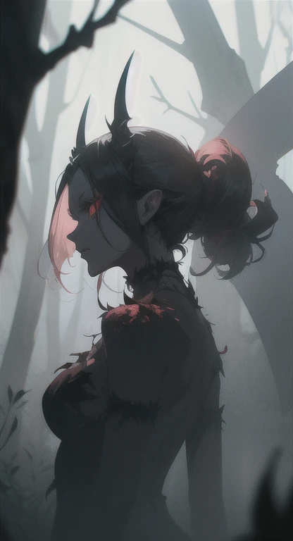 Foggy Forest, ancient female creature, demonic silhouette, fairy shadow figure, red eyes, eyes in the fog, rotting, looking dead, torn wings,