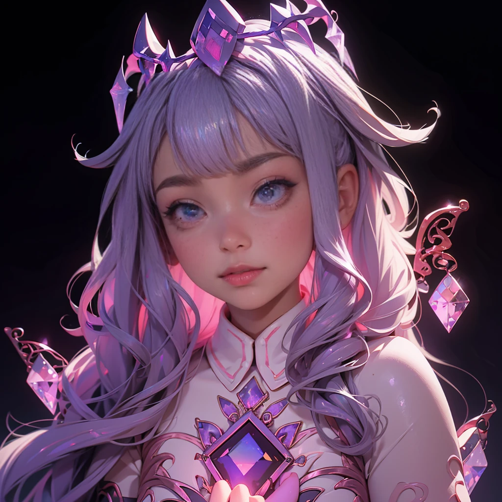 envision a 8k, highres, cinematic, close up beautiful portrait of a short adult girl named Koseki Bijou with long pinkish gray hair, a jeweled crown, purple eyes, wearing a white dress with magic attachments and bright colorful crystal armor plates against a dark background