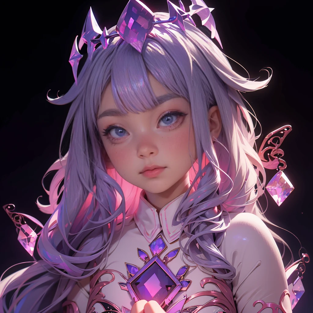 envision a 8k, highres, cinematic, close up beautiful portrait of a short adult girl named Koseki Bijou with long pinkish gray hair, a jeweled crown, purple eyes, wearing a white dress with magic attachments and bright colorful crystal armor plates against a dark background